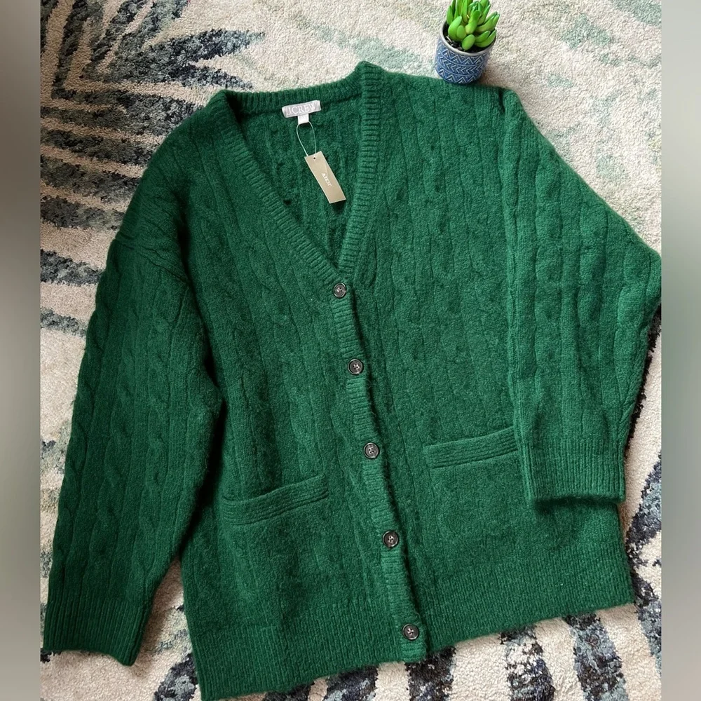NWT JCREW S/M OVERSIZED GREEN THICK CABLED CARDIGAN SWEATER NEW NWT - Picture 3 of 9